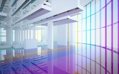 Abstract white and colored gradient glasses interior multilevel public space with window. 3D illustration and rendering.