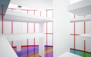 Obraz premium Abstract white and colored gradient glasses interior multilevel public space with window. 3D illustration and rendering.