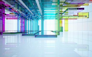 Abstract dynamic interior with gradient colored objects. 3D illustration and rendering