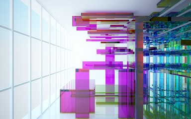 Abstract dynamic interior with gradient colored objects. 3D illustration and rendering