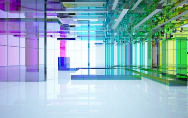 Abstract dynamic interior with gradient colored objects. 3D illustration and rendering