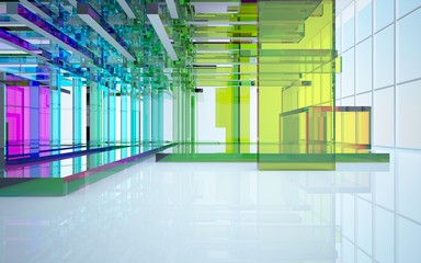 Abstract dynamic interior with gradient colored objects. 3D illustration and rendering