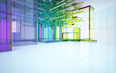 Abstract dynamic interior with gradient colored objects. 3D illustration and rendering