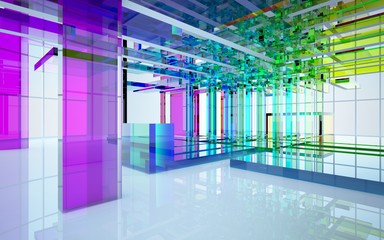 Abstract dynamic interior with gradient colored objects. 3D illustration and rendering
