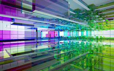 Abstract dynamic interior with gradient colored objects. 3D illustration and rendering