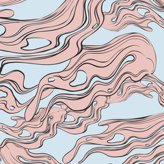 Trendy geometric fluid waves background. Modern texture splash. Dynamic curves in pink blue colors. Canvas lines abstract print.