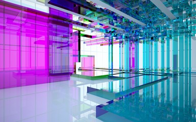 Abstract dynamic interior with gradient colored objects. 3D illustration and rendering