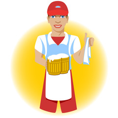 Student waiter, working at the bar, with mugs of beer and a napkin in his hands.