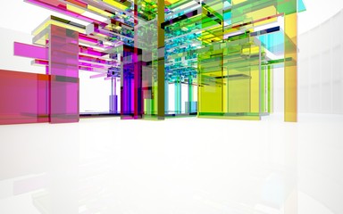 Abstract dynamic interior with gradient colored objects. 3D illustration and rendering