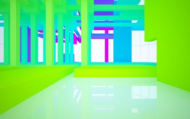 Abstract white and colored gradient  interior multilevel public space with window. 3D illustration and rendering.