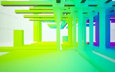 Abstract white and colored gradient  interior multilevel public space with window. 3D illustration and rendering.