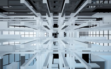 Abstract white and black interior multilevel public space with window. 3D illustration and rendering.