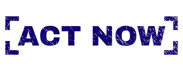 ACT NOW label seal stamp with corroded texture. Text label is placed inside corners. Blue vector rubber print of ACT NOW with dust texture.