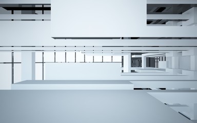 Abstract white and black interior multilevel public space with window. 3D illustration and rendering.