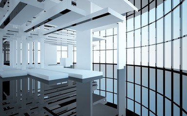 Abstract white and black interior multilevel public space with window. 3D illustration and rendering.