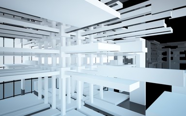 Abstract white and black interior multilevel public space with window. 3D illustration and rendering.