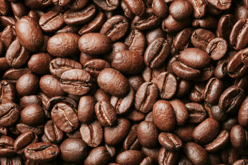 Coffee seeds pattern texture. Black morning coffee beans artistic light studio background