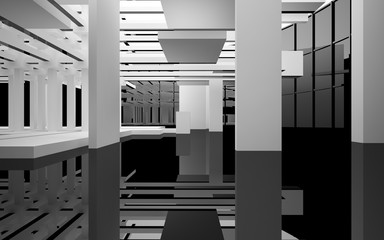 Abstract white and black interior multilevel public space with window. 3D illustration and rendering.