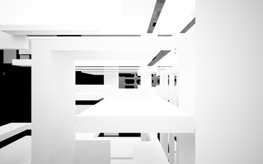 Abstract white and black interior multilevel public space with window. 3D illustration and rendering.