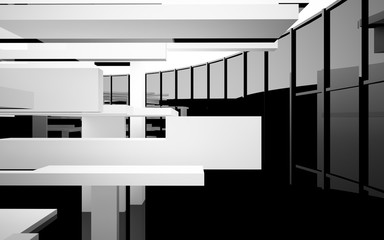 Fototapeta na wymiar Abstract white and black interior multilevel public space with window. 3D illustration and rendering.
