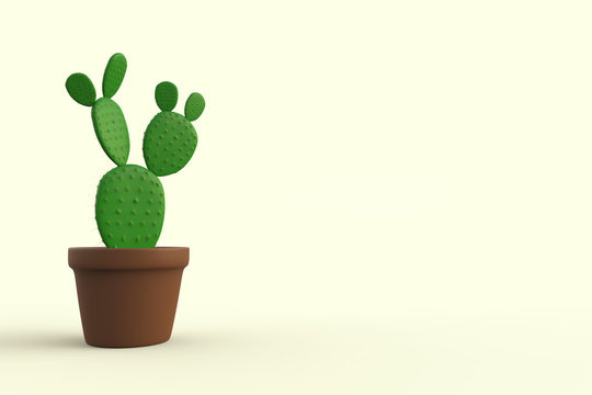 Home cactus plant in flower pot isolated on soft yellow background. Free and empty space for text or design on right side. 3D Rendering illustration
