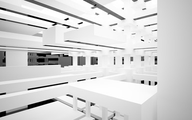 Abstract white and black interior multilevel public space with window. 3D illustration and rendering.