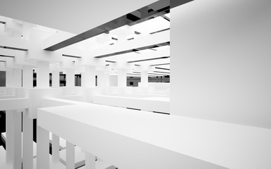 Abstract white and black interior multilevel public space with window. 3D illustration and rendering.