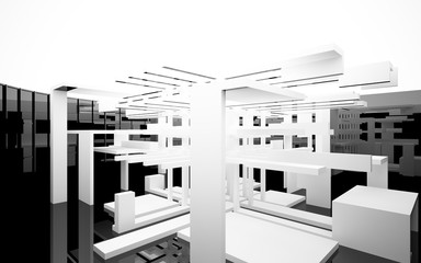 Abstract white and black interior multilevel public space with window. 3D illustration and rendering.