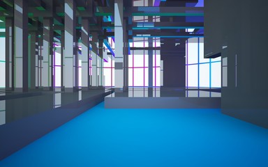 Abstract white and colored gradient  interior multilevel public space with window. 3D illustration and rendering.