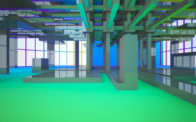 Abstract white and colored gradient  interior multilevel public space with window. 3D illustration and rendering.