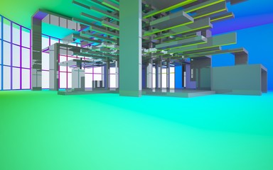 Abstract white and colored gradient  interior multilevel public space with window. 3D illustration and rendering.