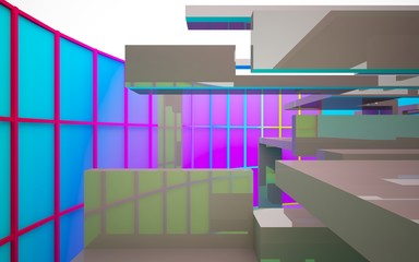 Abstract white and colored gradient  interior multilevel public space with window. 3D illustration and rendering.