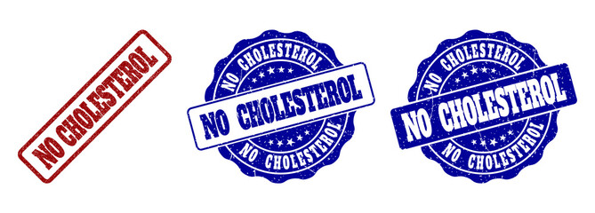 NO CHOLESTEROL grunge stamp seals in red and blue colors. Vector NO CHOLESTEROL labels with grainy texture. Graphic elements are rounded rectangles, rosettes, circles and text labels.