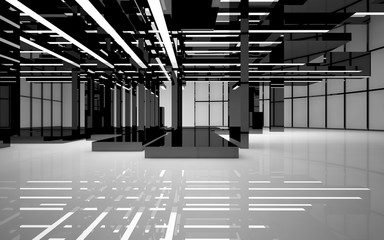 Abstract white interior of the future, with glossy black sculpture. 3D illustration and rendering