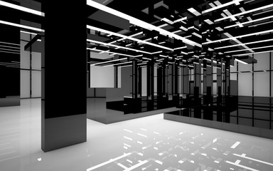 Abstract white interior of the future, with glossy black sculpture. 3D illustration and rendering
