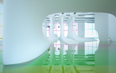 Abstract white and colored gradient glasses interior multilevel public space with window. 3D illustration and rendering.