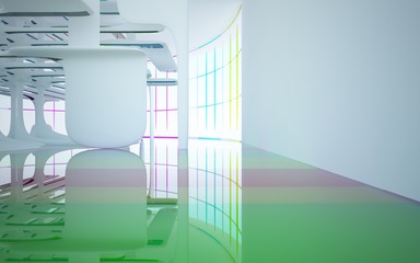 Abstract white and colored gradient glasses interior multilevel public space with window. 3D illustration and rendering.