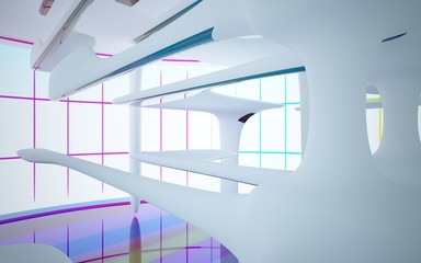 Obraz premium Abstract white and colored gradient glasses interior multilevel public space with window. 3D illustration and rendering.
