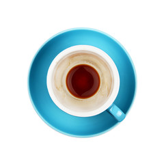 Cloce up empty espresso coffee in blue cup isolated