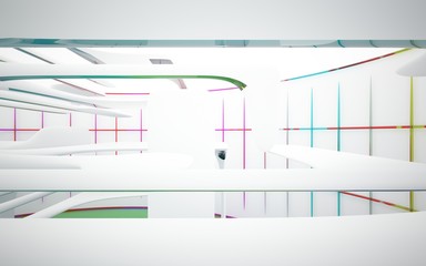 Abstract white and colored gradient glasses interior multilevel public space with window. 3D illustration and rendering.