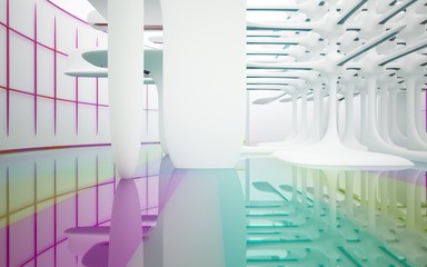 Abstract white and colored gradient glasses interior multilevel public space with window. 3D illustration and rendering.
