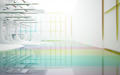 Abstract white and colored gradient glasses interior multilevel public space with window. 3D illustration and rendering.