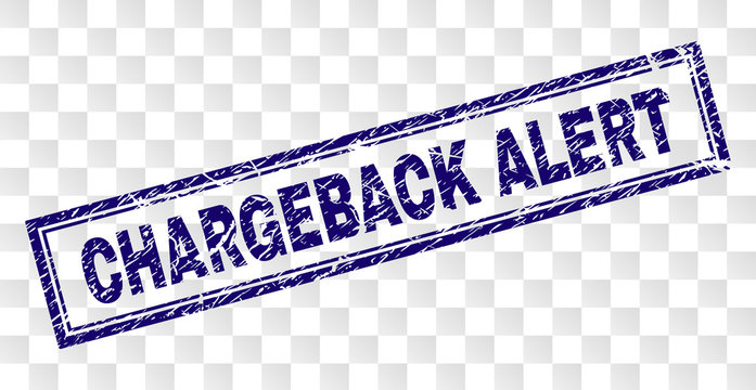 CHARGEBACK ALERT stamp seal imprint with rubber print style and double framed rectangle shape. Stamp is placed on a transparent background.