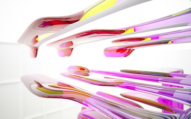 abstract architectural interior with colored smooth glass sculpture. 3D illustration and rendering