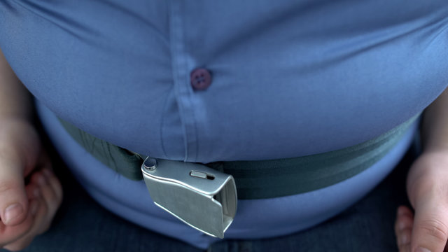 Fat belly man hardly fastens safety belt, genetic predisposition, weight loss