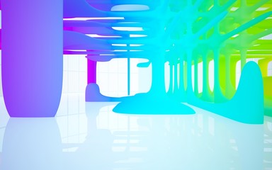 Abstract white and colored gradient smooth interior multilevel public space with window. 3D illustration and rendering.