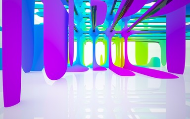 Abstract white and colored gradient smooth interior multilevel public space with window. 3D illustration and rendering.