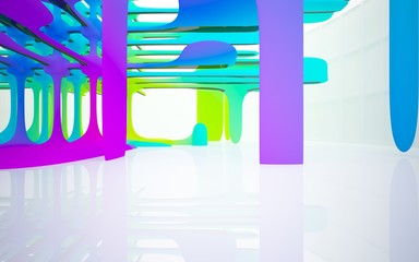 Abstract white and colored gradient smooth interior multilevel public space with window. 3D illustration and rendering.