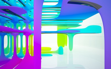 Abstract white and colored gradient smooth interior multilevel public space with window. 3D illustration and rendering.