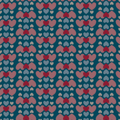 Sweet love colored hearts arranged in a geometric pattern. Vector illustration of a repeating seamless pattern on a moody dark background.